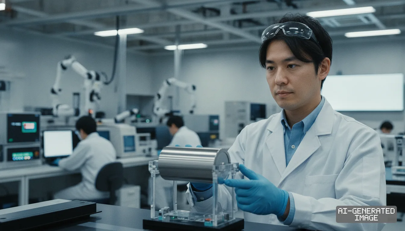 A researcher examines a large cylindrical battery cell resting on a clear stand inside a development laboratory. (AI-generated image)