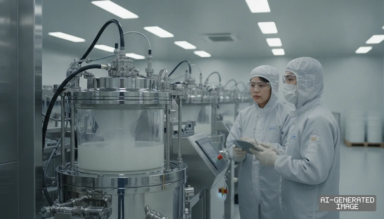 Two workers in protective cleanroom suits monitor processing equipment inside a specialized photoresist manufacturing facility. (AI-generated image)