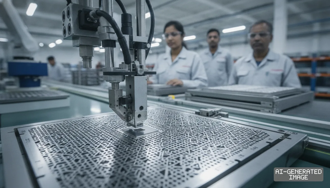 Workers observe an automated robotic tool processing metal semiconductor frames along a manufacturing line. (AI-generated image)