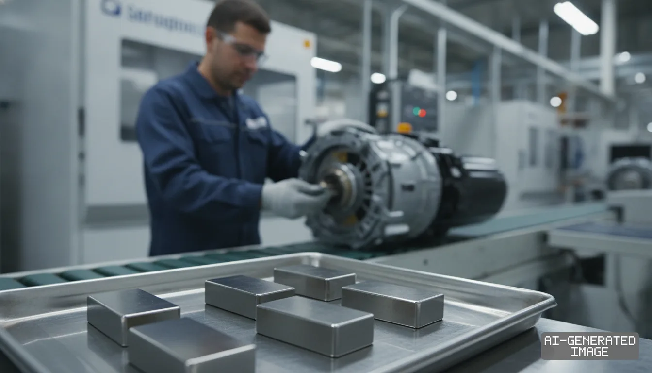 Permanent magnets sit on a tray in the foreground as an assembly technician works on an electric motor on a production line. (AI-generated image)