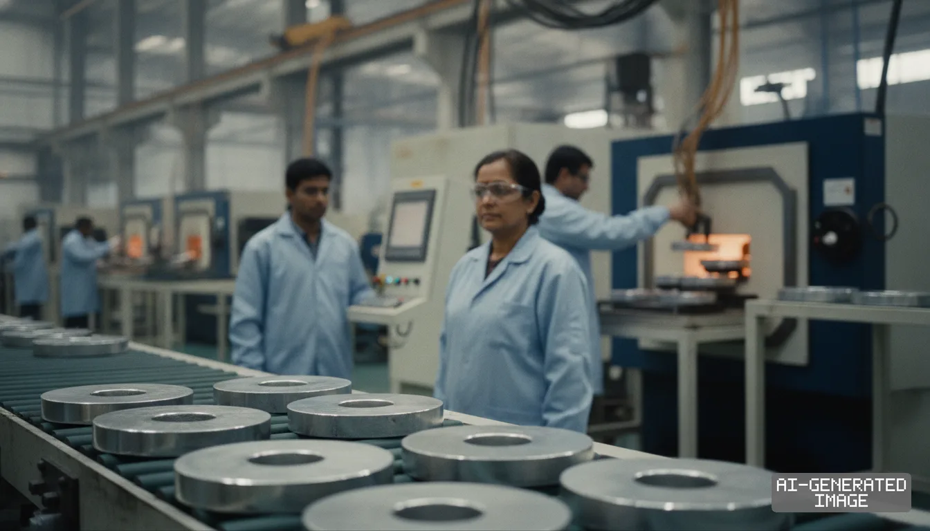 Workers supervise machinery as ring-shaped metal components move along a conveyor line inside a rare earth magnet manufacturing plant. (AI-generated image)