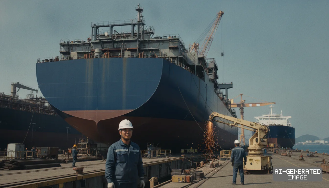 Shipyard workers stand on a dock beside a massive commercial vessel under construction. (AI-generated image)