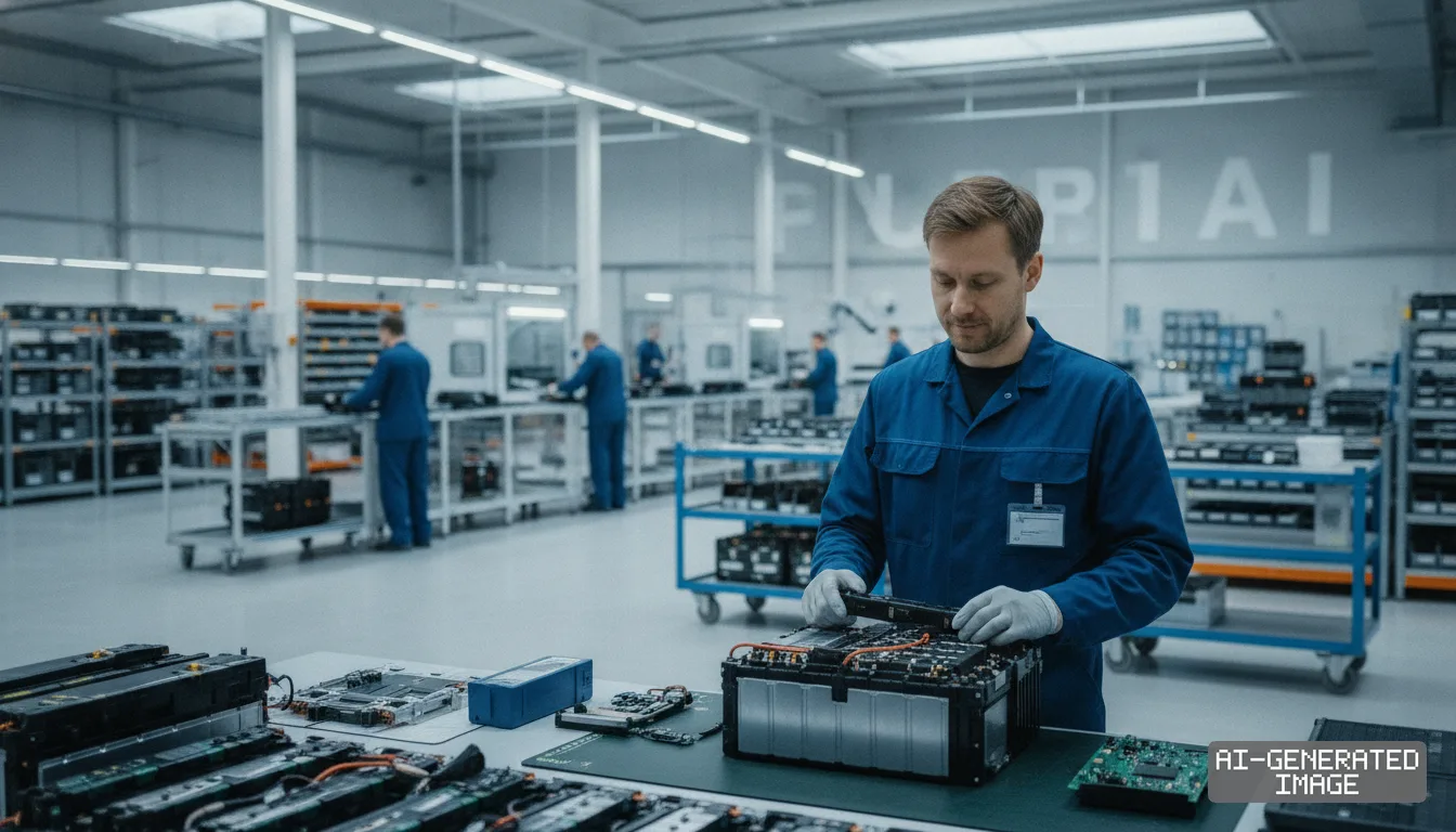 A technician in blue workwear inspects a battery module at a workbench inside an electric vehicle battery service center. (AI-generated image)
