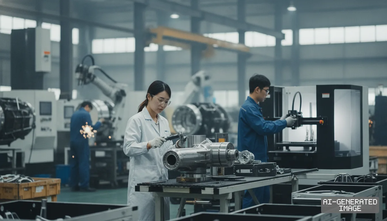 Workers inspect and machine precision aerospace components inside a high-tech manufacturing plant. (AI-generated image)