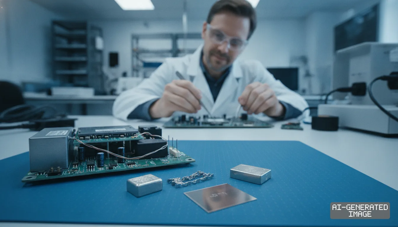 A technician examines electronic components and circuit boards using tweezers in a modern research laboratory. (AI-generated image)
