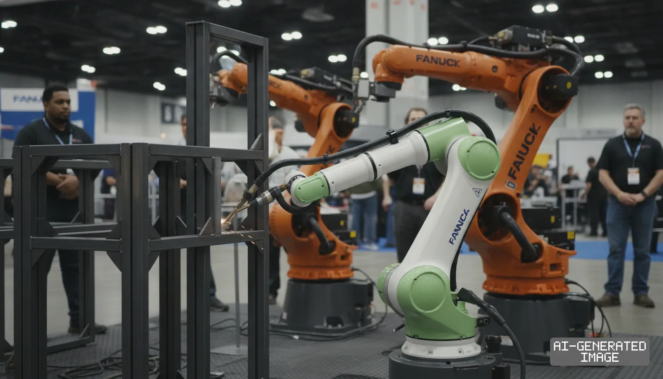 A collaborative robot arm welds a metal frame during an equipment demonstration at an industrial trade show. (AI-generated image)