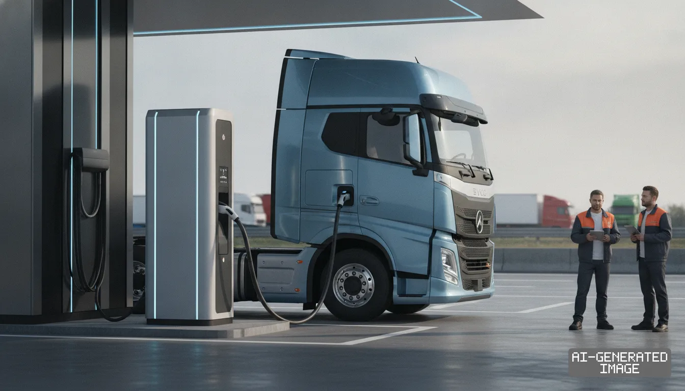 A blue electric semi-truck charges at a commercial charging station while two technicians holding tablets stand nearby. (AI-generated image)