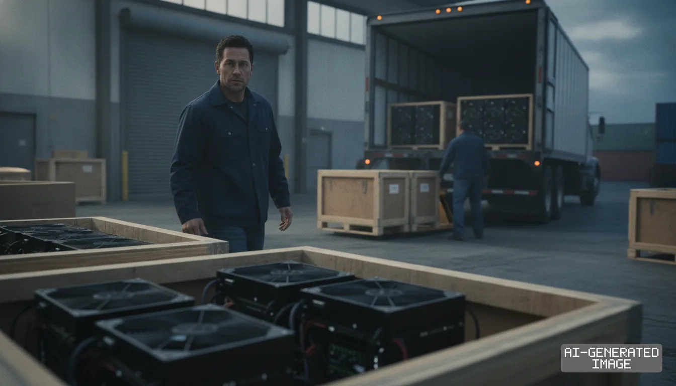A man stands near wooden crates packed with computer server hardware as a transport truck is loaded outside a warehouse. (AI-generated image)