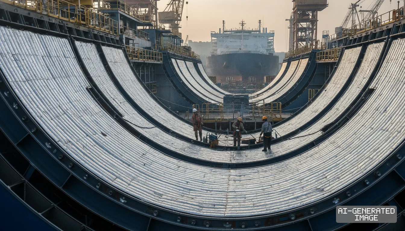 Shipyard workers stand inside the curved cargo containment tank section of a liquefied natural gas carrier under construction. (AI-generated image)
