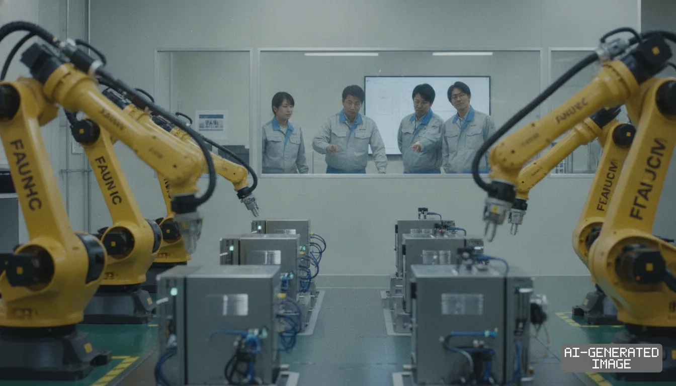Workers observe yellow industrial robotic arms operating on assembly units from behind an observation window. (AI-generated image)
