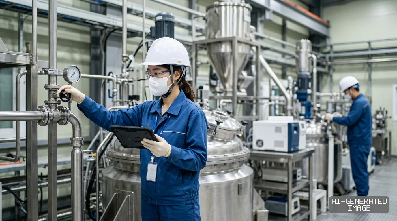 A technician holding a tablet inspects a valve alongside industrial tanks at a battery cathode manufacturing plant. (AI-generated image)