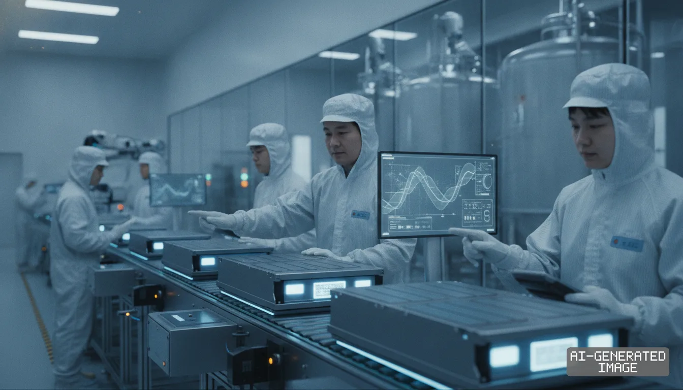 Technicians in cleanroom suits inspect battery packs moving along a conveyor line beside digital diagnostic displays. (AI-generated image)