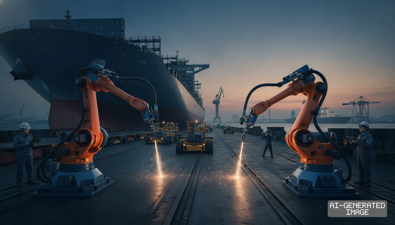 Robotic arms perform welding operations in a shipyard as workers supervise near a large commercial ship. (AI-generated image)