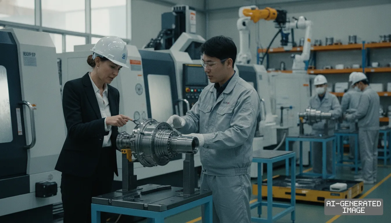 An official and a technician inspect a precision-machined aerospace part inside a South Korean manufacturing facility. (AI-generated image)