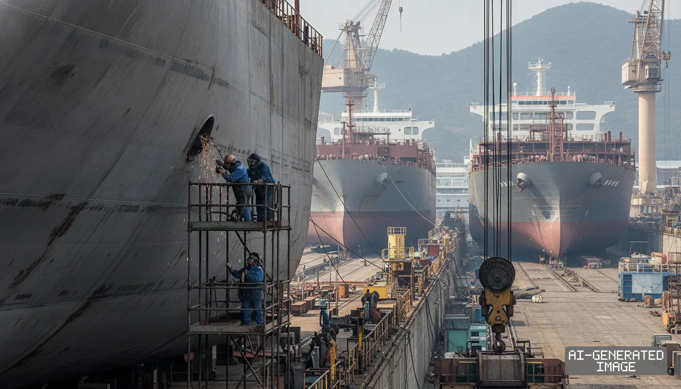 Workers weld a ship's hull on scaffolding inside a shipyard drydock as other vessels sit in adjacent berths. (AI-generated image)