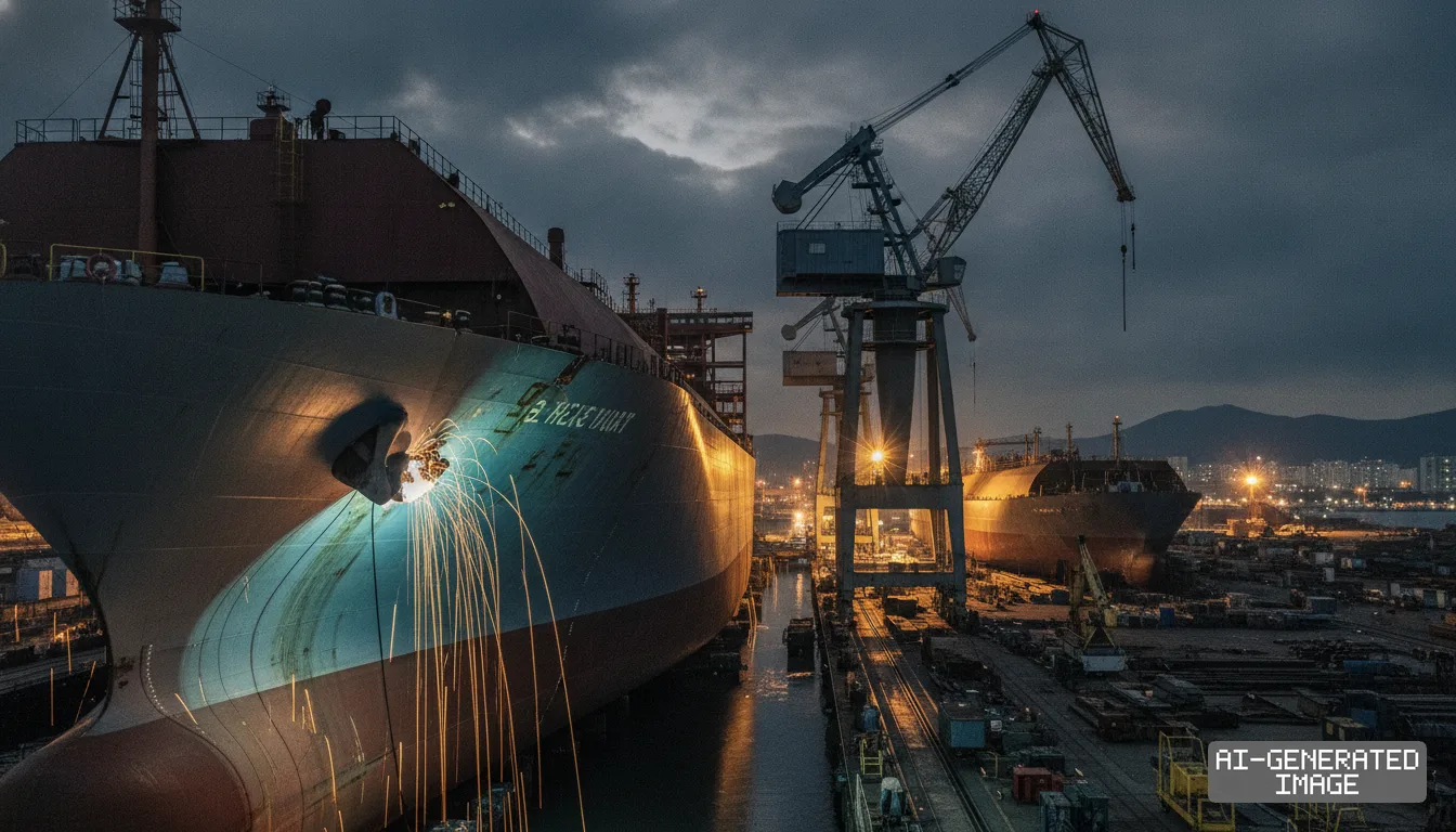 Sparks fly from the hull of a large vessel under construction at a shipyard dock beneath towering industrial cranes. (AI-generated image)