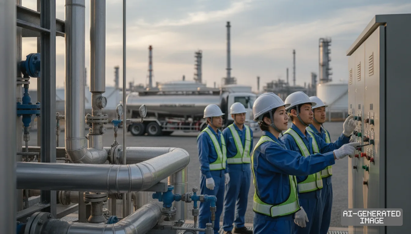 Workers in hard hats and safety vests operate a control panel near industrial piping at a refinery facility. (AI-generated image)