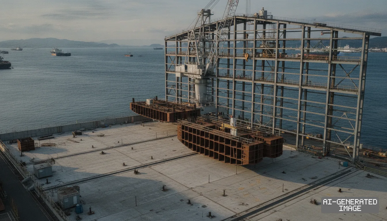 Prefabricated hull blocks rest on a concrete assembly area beside a towering steel framework at a waterfront shipyard. (AI-generated image)