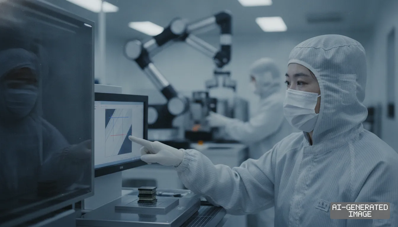 A cleanroom technician examines semiconductor packaging measurements on a monitor beside stacked microchips. (AI-generated image)