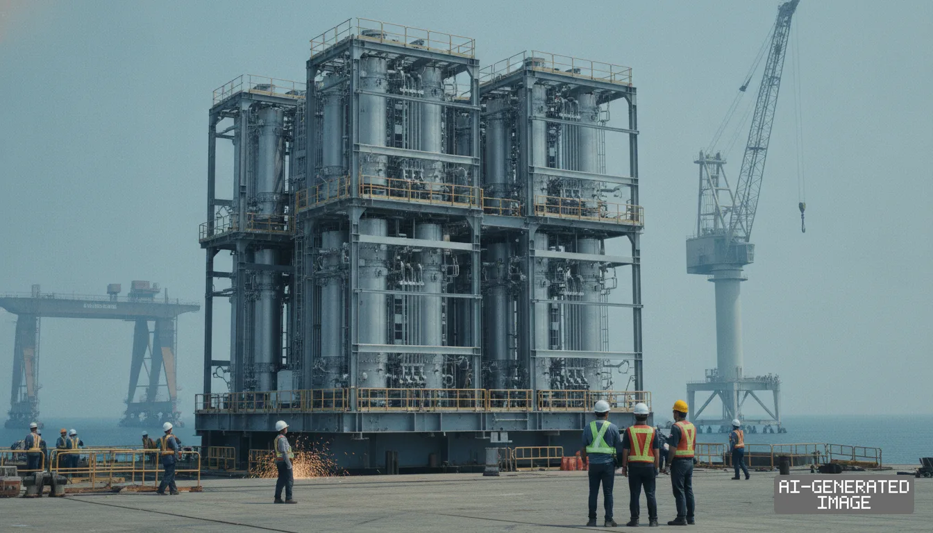 Shipyard workers in safety gear stand near a massive industrial steel module at a coastal shipyard with cranes in the background. (AI-generated image)