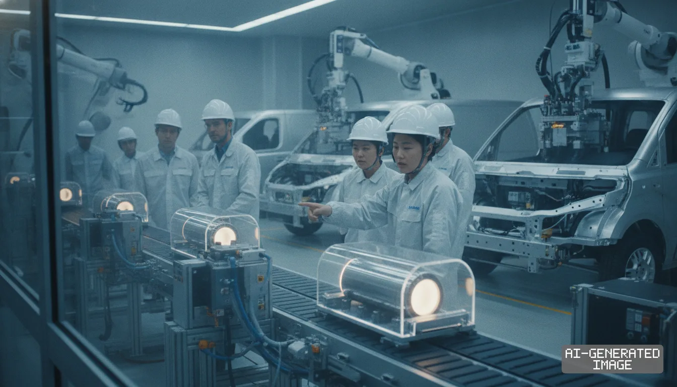 Workers in hard hats monitor cylindrical battery units along an automated conveyor beside electric van frames. (AI-generated image)