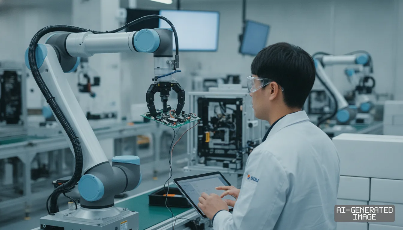 An engineer uses a tablet computer to monitor a collaborative robotic arm handling a circuit board on a factory floor. (AI-generated image)
