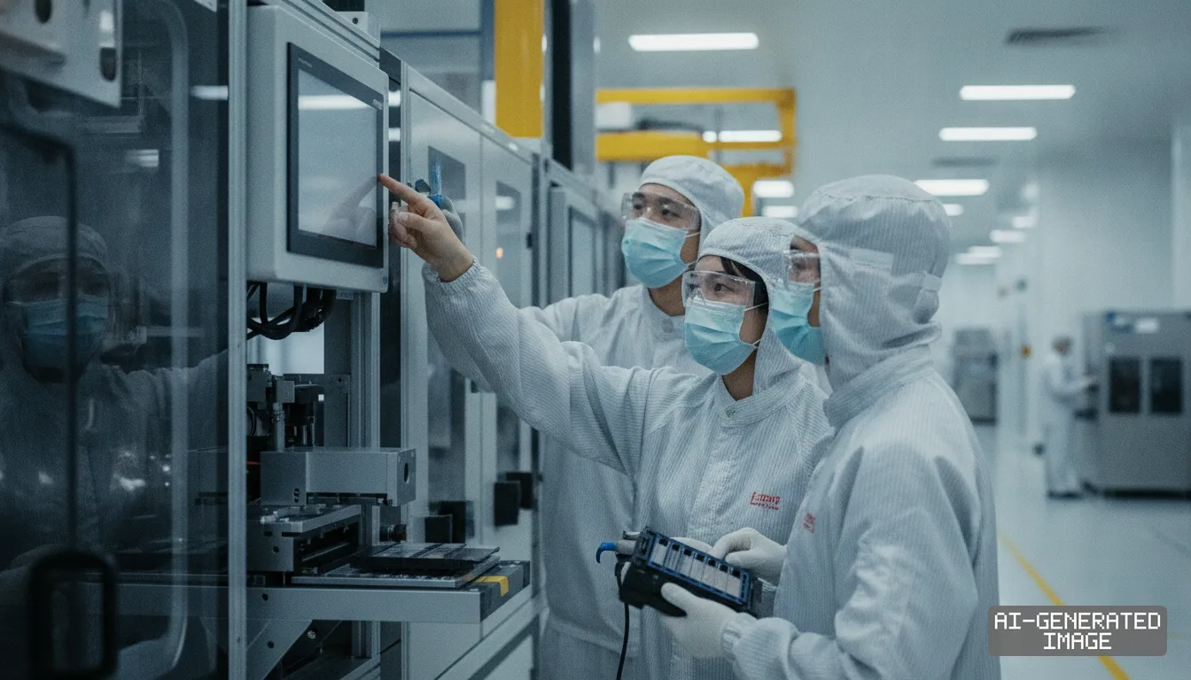 Engineers in protective cleanroom suits operate equipment inside a semiconductor wafer manufacturing facility. (AI-generated image)