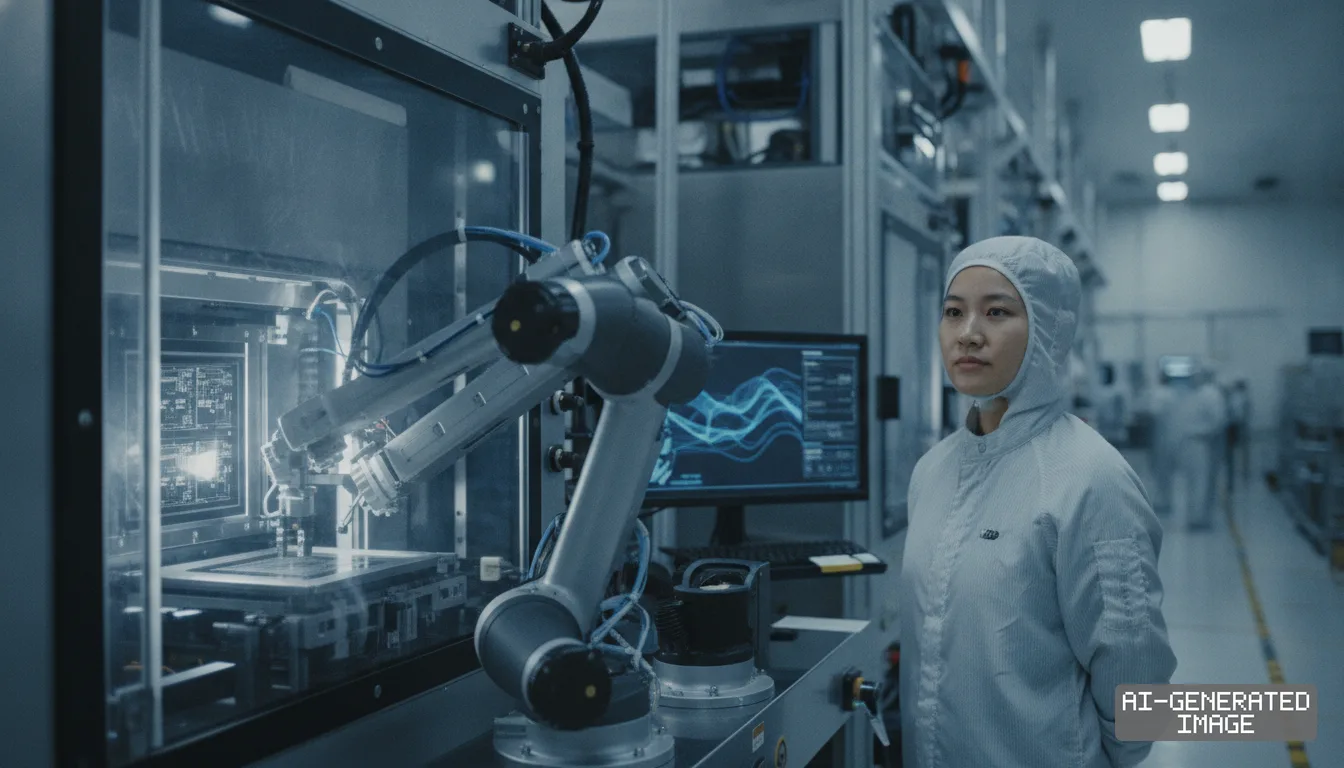 A technician in cleanroom attire oversees an automated robotic arm at work inside a semiconductor manufacturing facility. (AI-generated image)