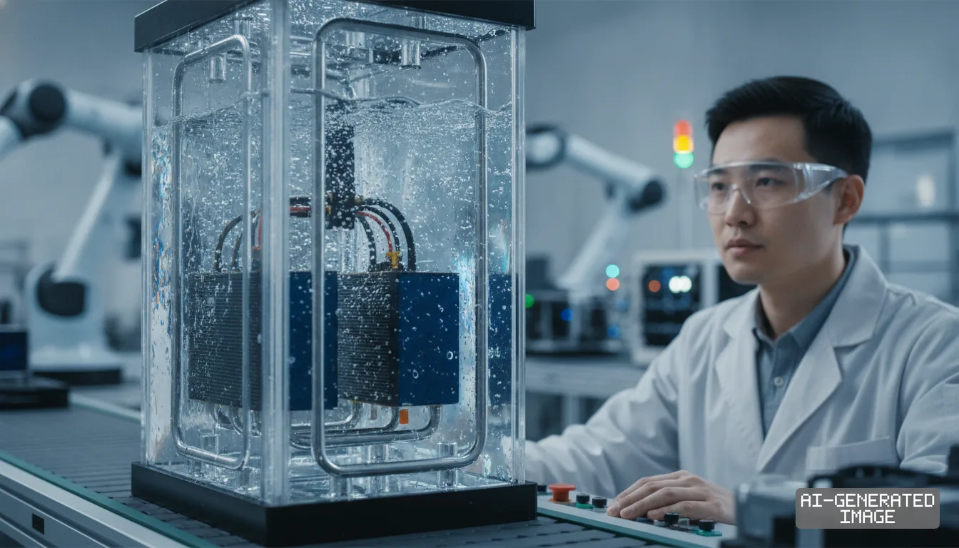 An engineer monitors battery modules submerged in cooling liquid inside a transparent chamber in an advanced laboratory. (AI-generated image)