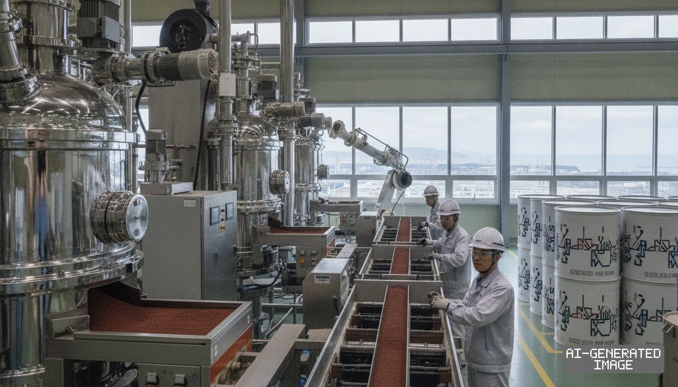 Workers inspect battery cathode material moving along a conveyor line beside large industrial tanks in a manufacturing plant. (AI-generated image)