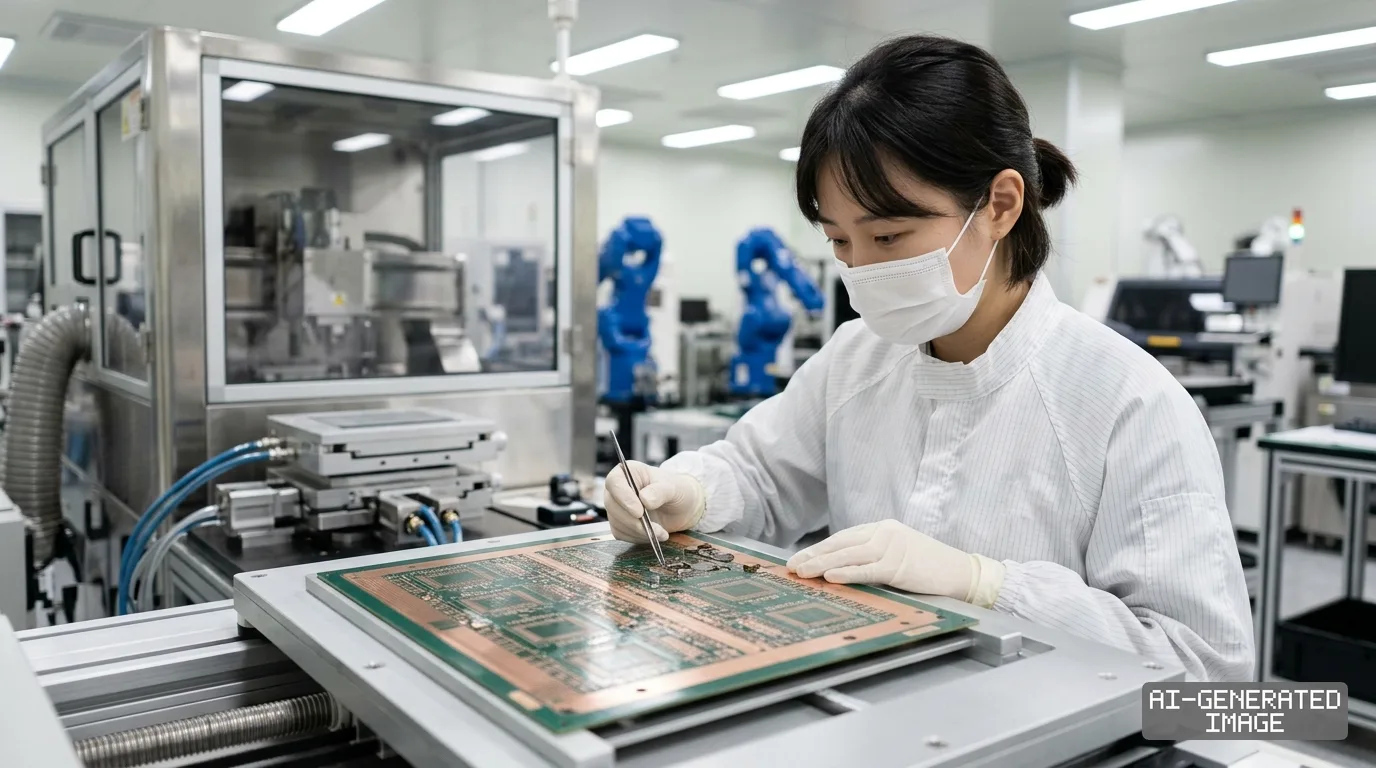 A technician in protective gear inspects a circuit board panel with tweezers inside an advanced semiconductor manufacturing facility. (AI-generated image)