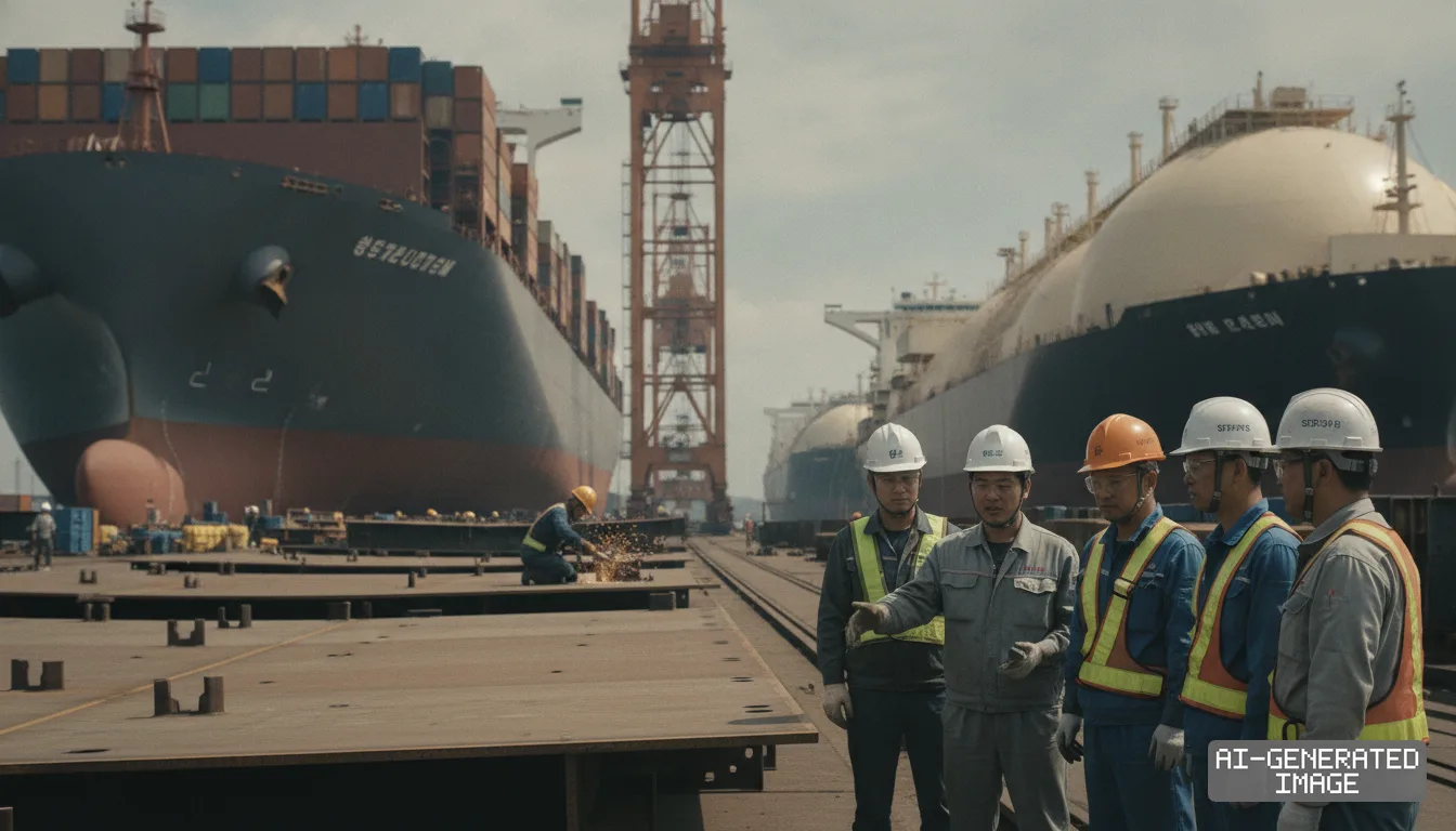 Shipyard workers in hard hats confer between a container ship and a gas carrier at a South Korean shipyard. (AI-generated image)