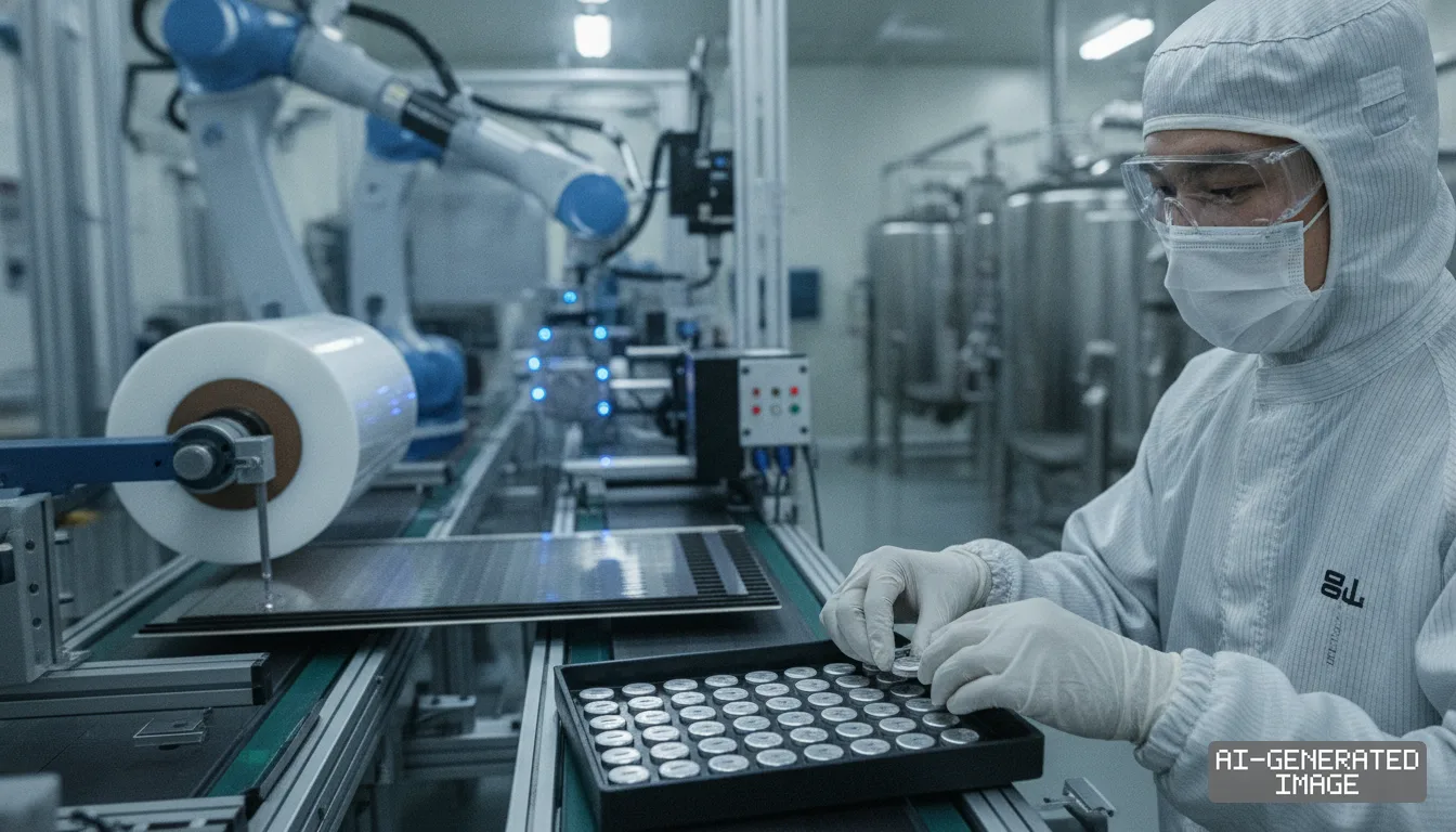 A technician inspects small battery cells on a tray beside an automated robotic conveyor in a battery production facility. (AI-generated image)