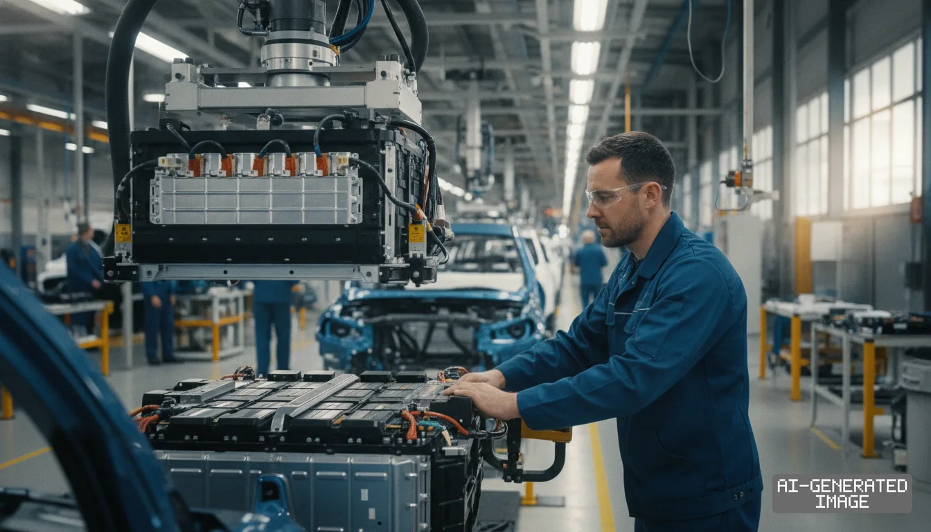 A factory worker handles an electric vehicle battery pack on an automobile assembly line. (AI-generated image)