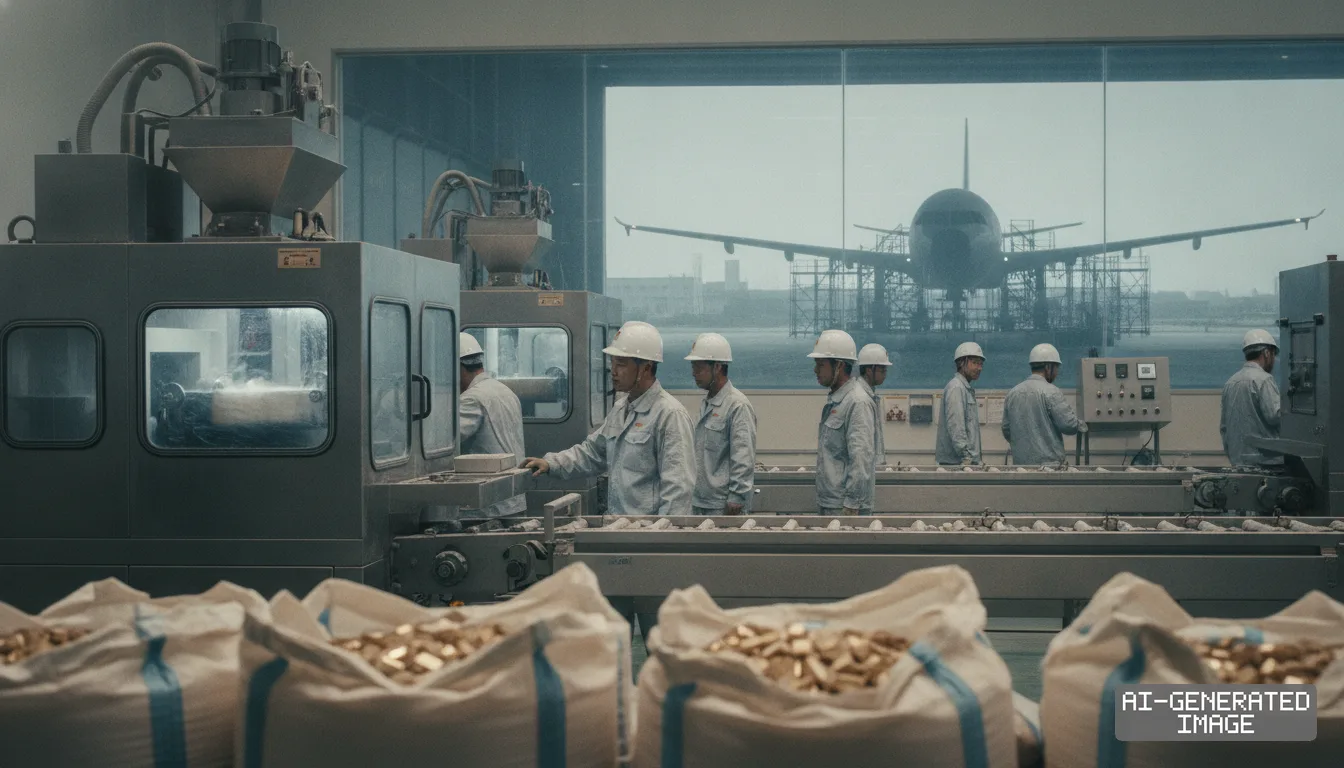 Workers operate machinery along an assembly line inside an aerospace facility with an airplane visible through the window. (AI-generated image)