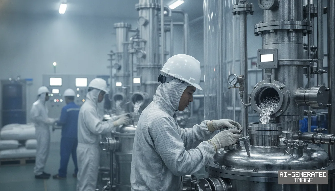 Technicians wearing protective suits and hard hats operate machinery inside a metal processing and refining facility. (AI-generated image)