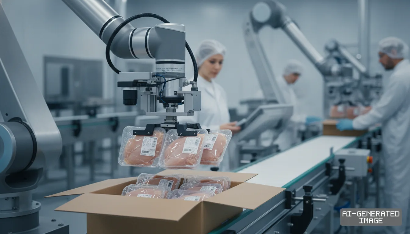 A robotic arm packs sealed meat trays into a cardboard box beside a conveyor belt as factory workers monitor the packaging line. (AI-generated image)