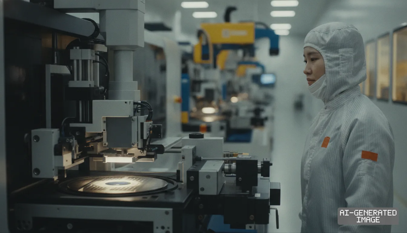 A technician in protective cleanroom gear monitors wafer inspection equipment operating in a semiconductor manufacturing facility. (AI-generated image)