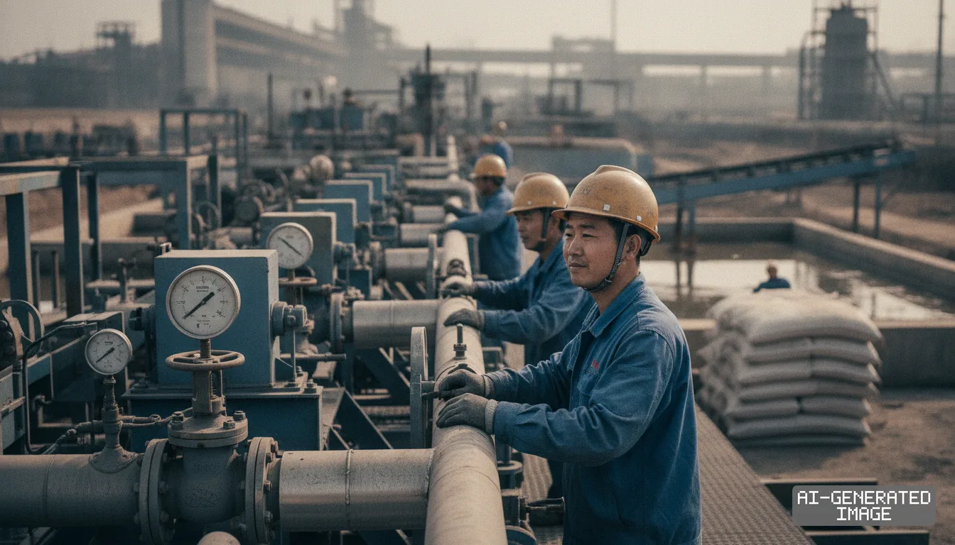 Workers in hard hats operate pipeline valves and pressure gauges at a rare earth processing plant in Ganzhou. (AI-generated image)