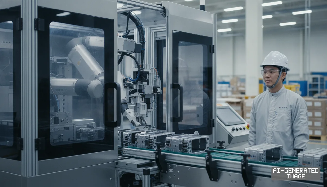 A technician monitors an automated assembly machine moving battery casings along a conveyor line inside a manufacturing facility. (AI-generated image)