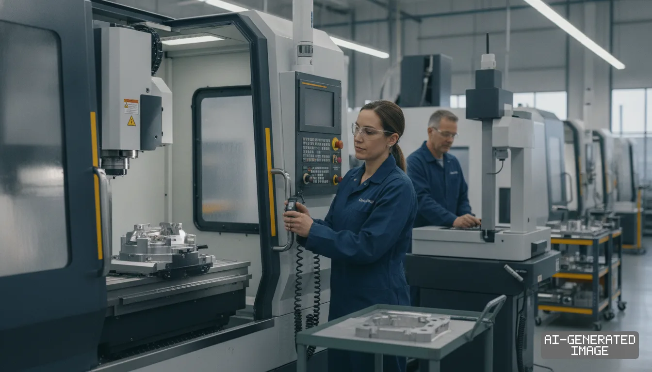 Workers operate computer numerical control machinery inside Gudeng Precision Industrial's machining facility in Glendale, Arizona. (AI-generated image)