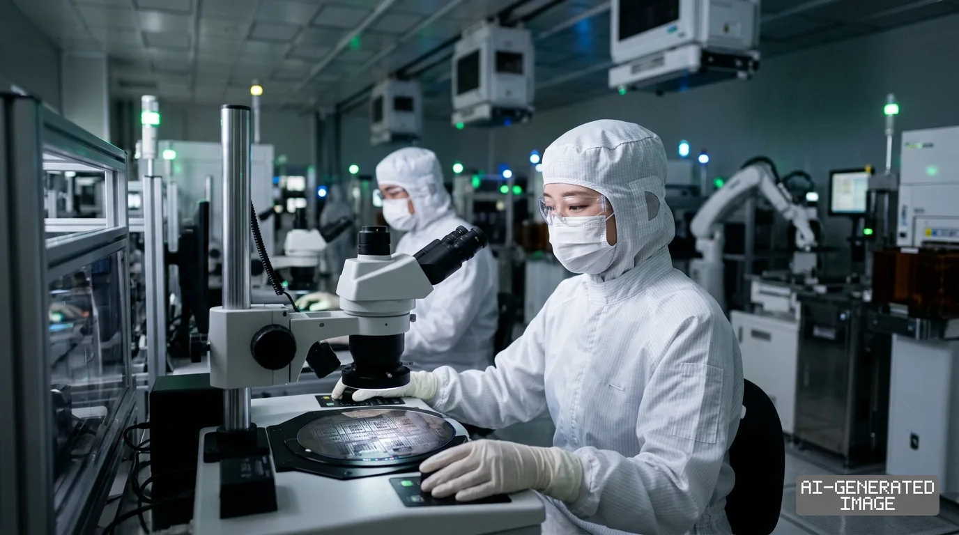 Technicians in protective cleanroom suits inspect semiconductor wafers under microscopes inside an advanced chip manufacturing facility. (AI-generated image)
