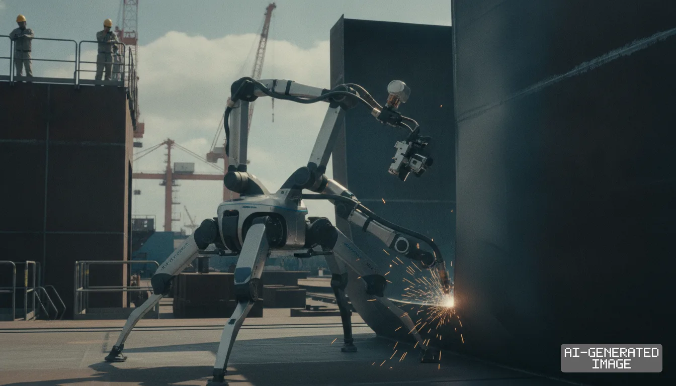 A quadruped shipyard robot welds a steel hull section as workers watch from an elevated platform. (AI-generated image)
