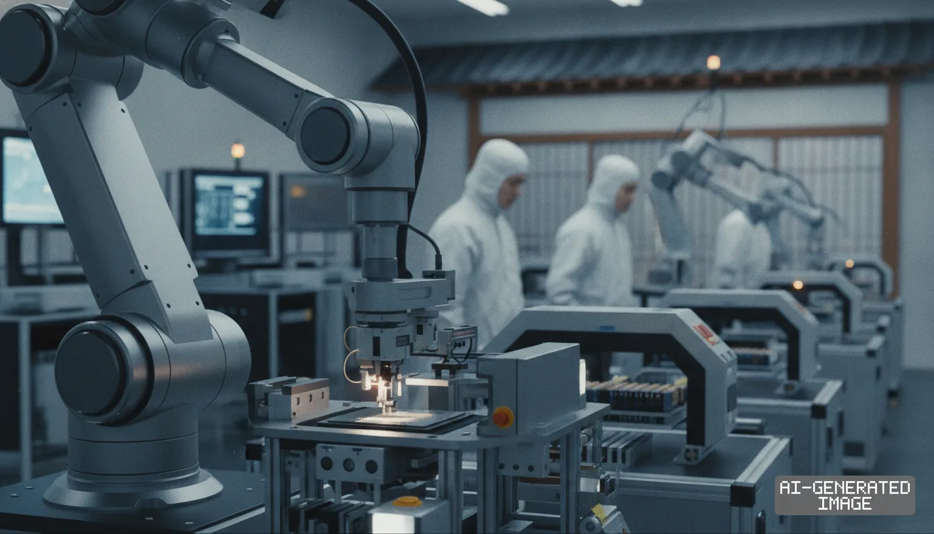 Technicians in cleanroom suits observe robotic arms operating along a semiconductor equipment assembly line. (AI-generated image)