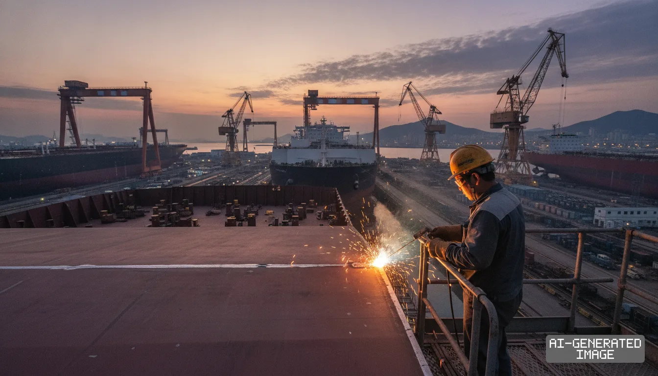 A worker welds a ship at a commercial shipyard lined with large vessels and towering gantry cranes at sunset. (AI-generated image)