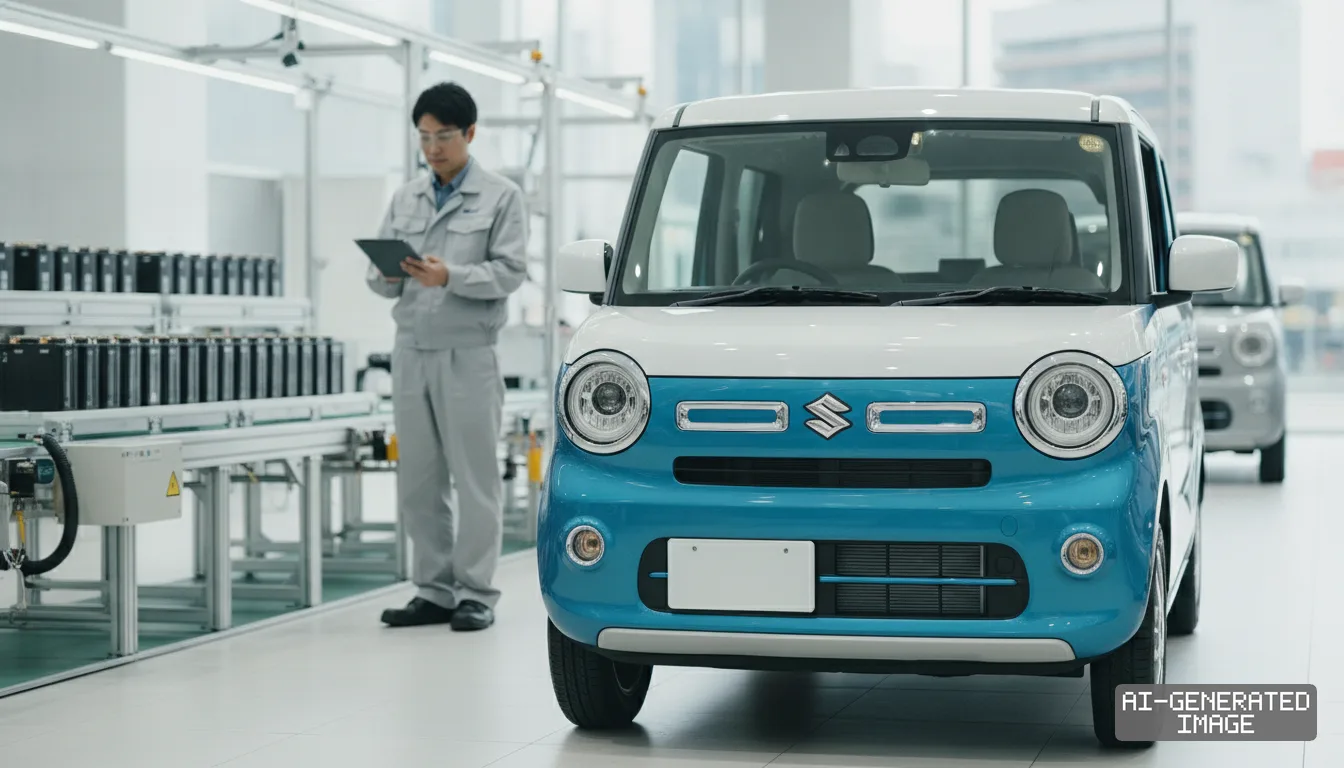 A worker holds a tablet near battery packs behind a two-tone Suzuki e SKY electric minicar inside an assembly plant. (AI-generated image)