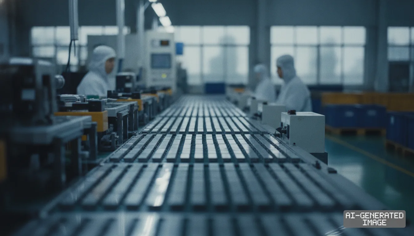 Workers in protective suits oversee an automated assembly line inside an industrial manufacturing facility. (AI-generated image)