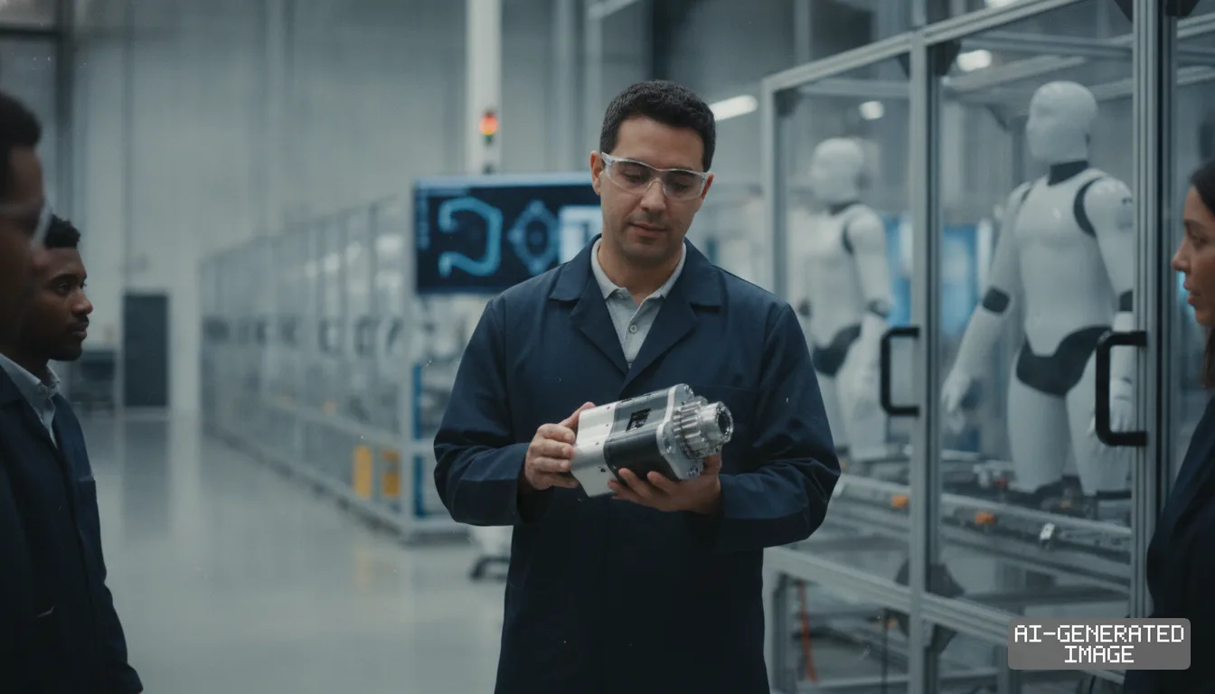 An engineer inspects a compact actuator component in a robotics facility with humanoid robots standing in the background. (AI-generated image)