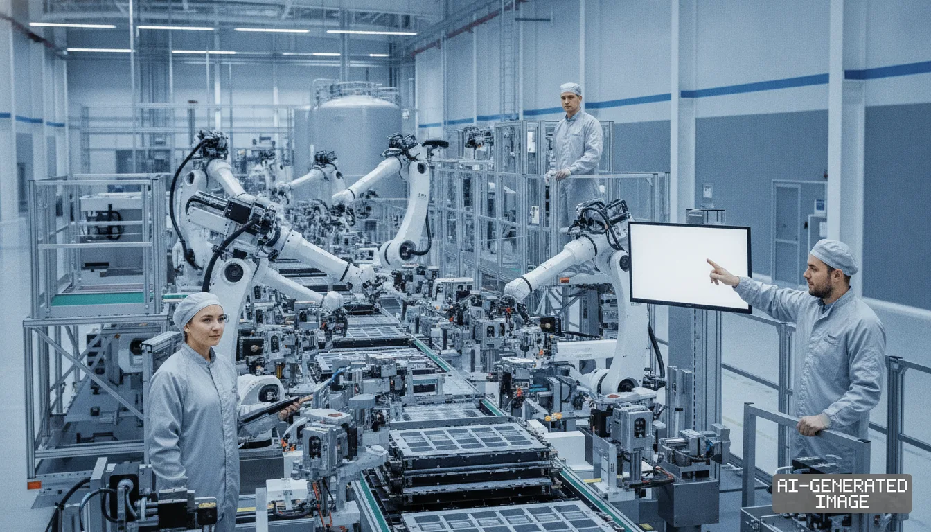 Workers oversee robotic arms assembling battery modules along an automated production line at an SK On manufacturing facility. (AI-generated image)