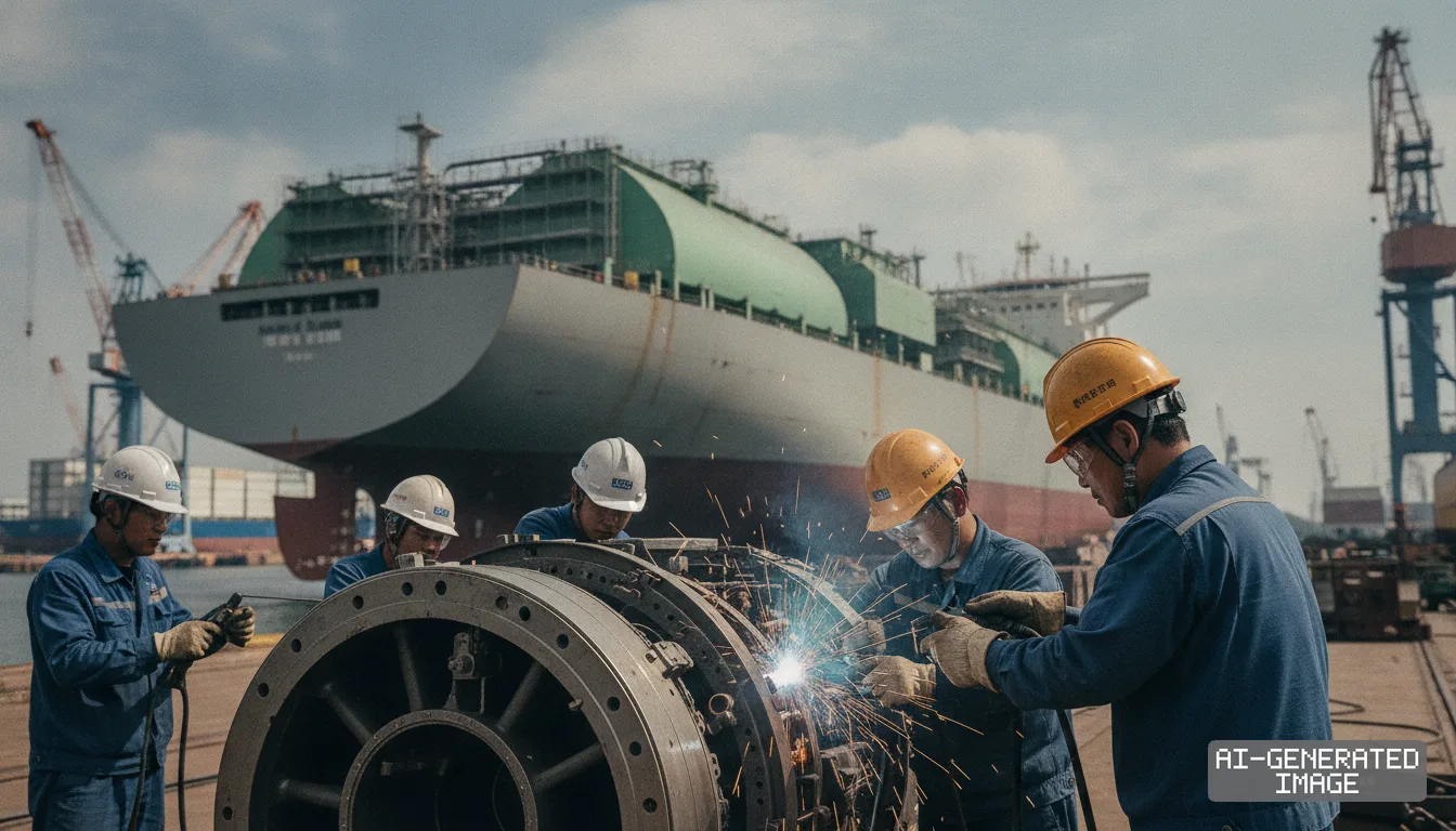 Shipyard workers weld heavy machinery components in front of a massive commercial ship under construction. (AI-generated image)